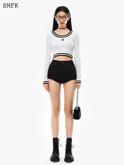 SMFK十字古典短毛衣 ULS07B/W 修身刺绣打底针织衫薄款