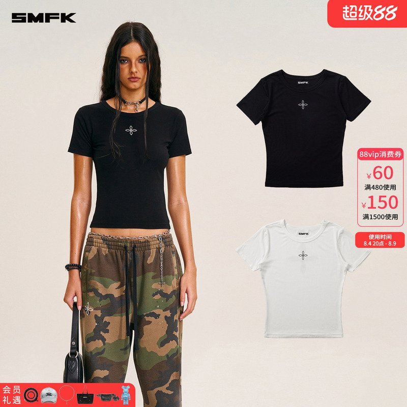 Smfk Cross Stamp Acetate Tight-Fitting Sports Tee Dt011B2/W2 Slim-Fit Black and White Solid Color Short-Sleeve T-Shirt