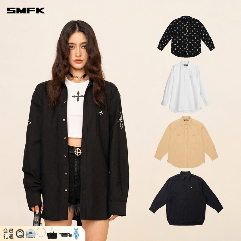 Smfk Cross-Stitch Classic Shirt Cp003B/W Celebrity Style Embroidered Solid Color Loose Top [Shirt Collection]