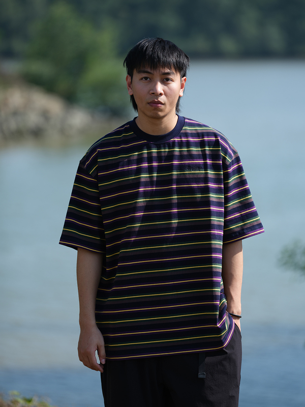 Montamo 25Ss Five-Color Yarn Striped Short-Sleeve T-Shirt Versatile Color-Blocking Design Loose Fit for Commuting 300Gsm