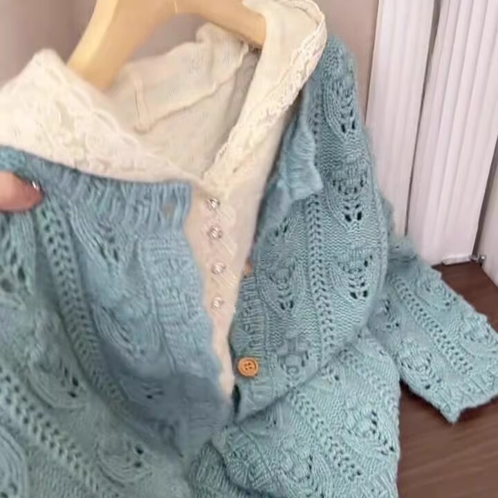 Early Spring Blue Lazy Style Hollow Knit Sweater Cardigan for Women with Hooded Lace Trim Base Hoodie Two-Piece Set