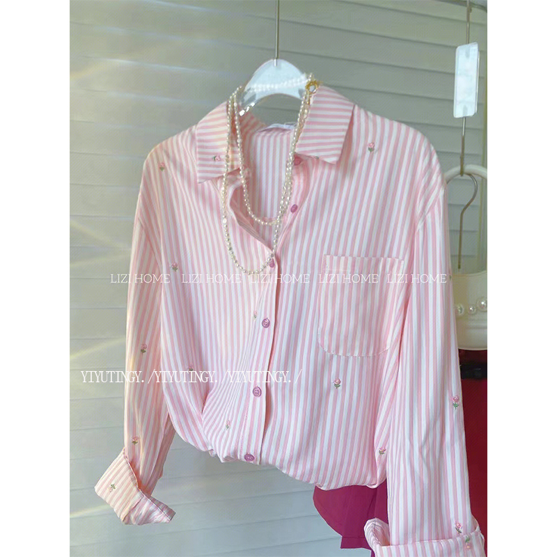 In-Stock Pink Striped Shirt for Women, High-End Design, Versatile, New Spring Style, Elegant, Age-Reducing, Long-Sleeve Casual Top