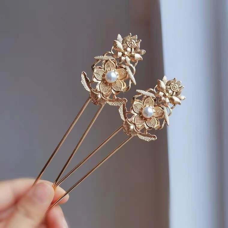 images 14:Tang Fengdun brilliantly led the decorative costume headdresser gold ring carved flower leaves ancient hairpin hairpin fabric hairpin set