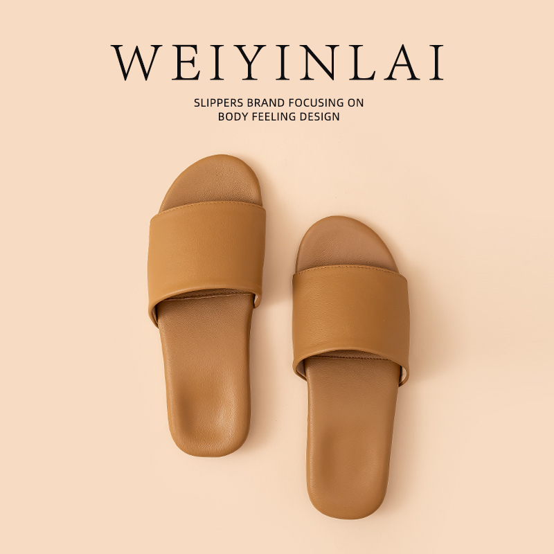 Light Luxury High-End Genuine Leather Slippers for Women, Summer Indoor Soft-Soled Non-Slip Silent Sheepskin Sandals for Men, Breathable for Home Use