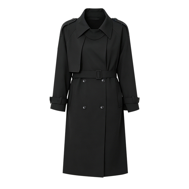 【Beibei & Aosidu】British-Style Black Long Trench Coat for Women, Double-Breasted, Waist-Cinching, Slimming Coat