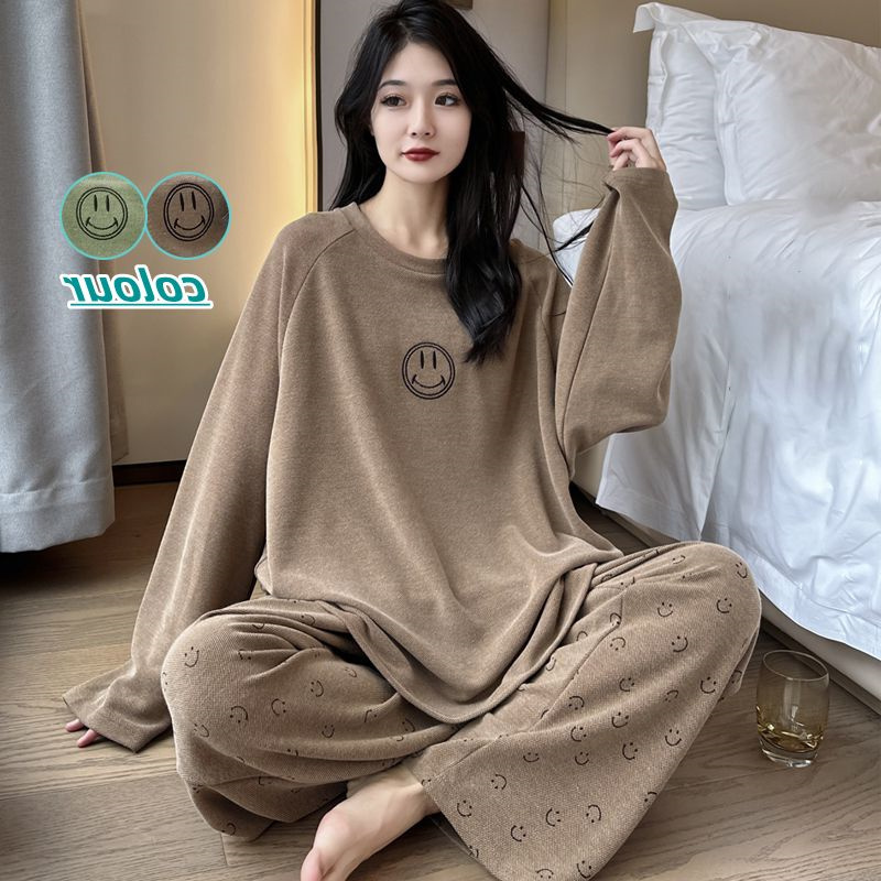 Extra Large Size 150kg Plus-Size Smiley Face Long Pants Pajamas for Women + Long-Sleeved Round Neck Top Casual Home Wear Two-Piece Set for Autumn Extra Large Size 150kg Plus-Size Smiley Face Long Pants Pajamas for Women + Long-Sleeved Round Neck Top Casual Home Wear Two-Piece Set for Autumn