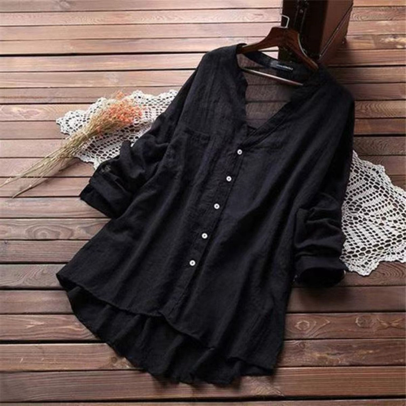 Extra Large Size 150kg Plus-Size Breathable Cotton and Linen Mid-Sleeve Shirt for Women, Summer French Casual Loose V-Neck Blouse Top