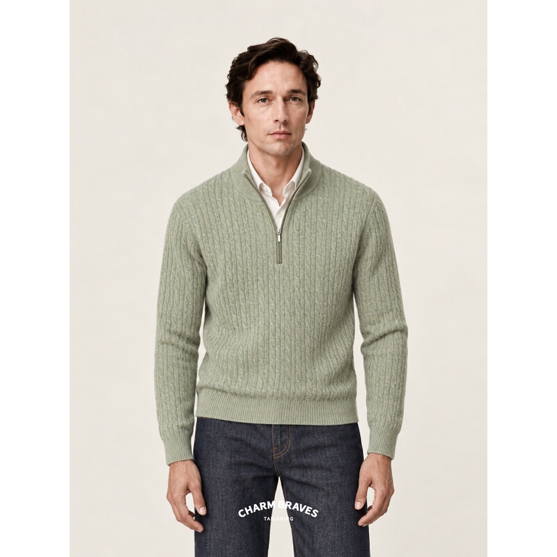 【Merino Wool and Cashmere Blend】Patterned Yarn Half-Zip Stand Collar Knit Sweater Cable Knit Pullover Sweater 【Merino Wool and Cashmere Blend】Patterned Yarn Half-Zip Stand Collar Knit Sweater Cable Knit Pullover Sweater