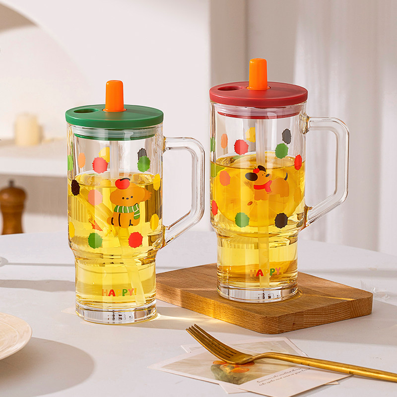 乐唯诗吸管快乐冰霸水杯巨无霸玻璃女士可爱高颜值大容量新款双饮