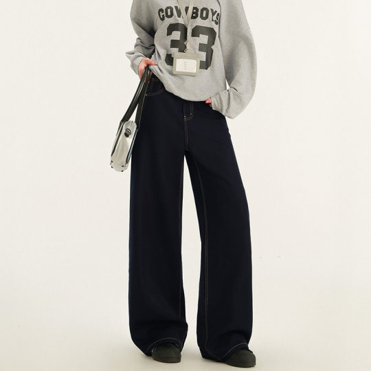 RNBN三代升级面料深蓝高腰牛仔裤女新款宽松加绒直筒休闲长裤子