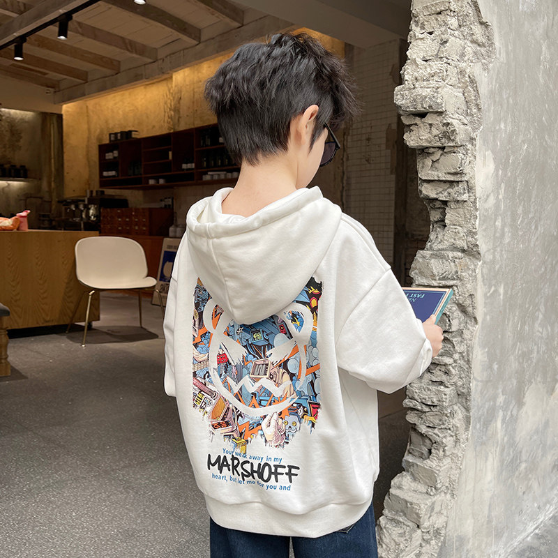 Boy's sweater 2022 spring and autumn new Korean version children's handsome printed loose bottoming shirt big boy hooded top