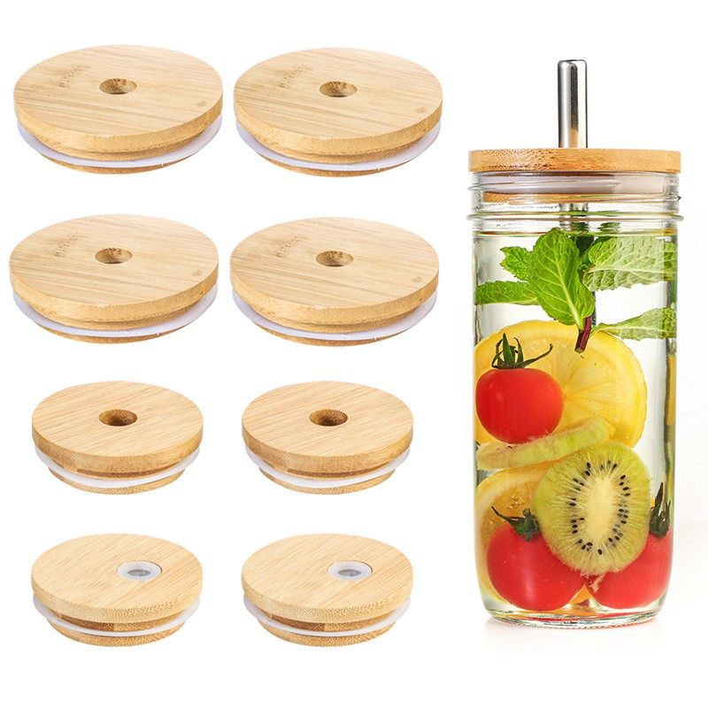 Mason cup bamboo wood lid with hole stainless steel straw candle cup lid transparent high borosilicate glass dustproof sealing lid