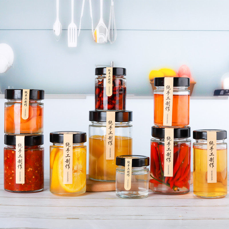 Spot high-cap canned bottle empty bottle pickle sealed jar round honey glass bottle chili sauce bottle sub-bottling