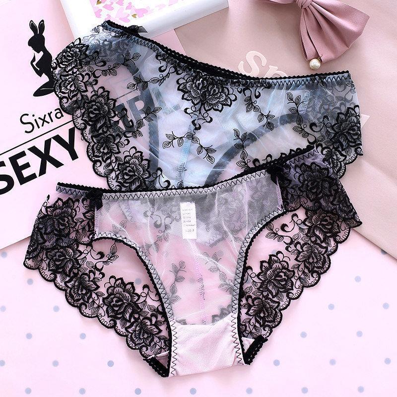(3 pieces) sexy lace panties women's thin breathable embroidery print ice mesh cutout logo briefs