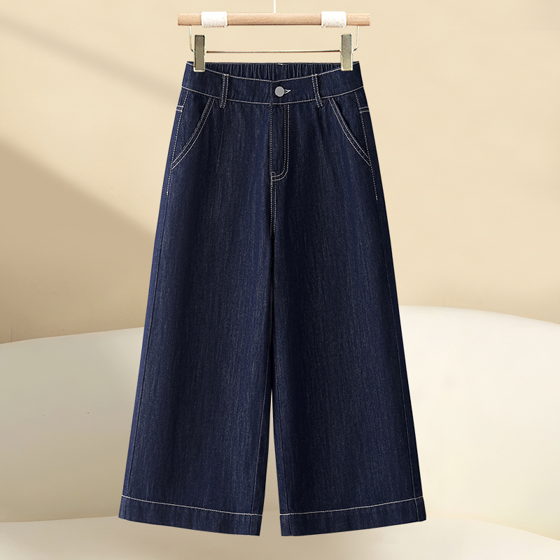 Dark Blue Cropped Wide-Leg Jeans for Women, Summer Thin Style, 2026 New High-Waisted Soft Denim Straight-Leg Pants, Eight-Tenths Length Pants