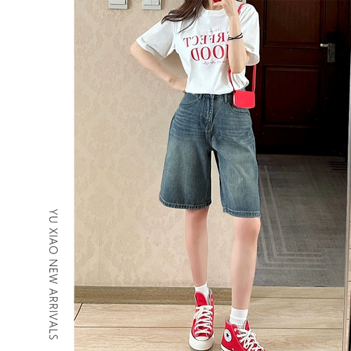 Ретро джинсовая юбка, шорты, штаны, для формы тела «груша», оверсайз, большой размер, по фигуре, свободный прямой крой