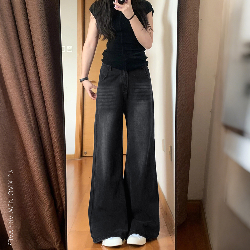 Black and Gray Wide-Leg Jeans for Women, New Summer Style, High-Waisted, Loose, Plus Size, Slimming, Pear-Shaped Body, Straight-Leg Pants