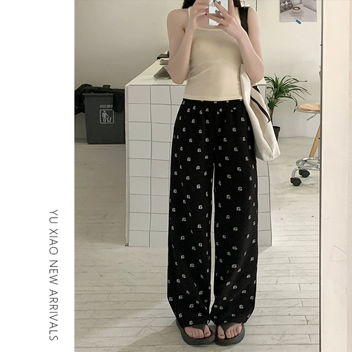 Черный костюм, летние штаны для отдыха, свободный прямой крой, высокая талия, большой размер