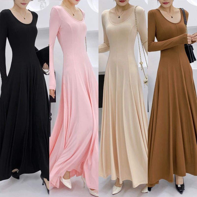 Modal Dress Spring 2026 New Plus Size European and American Style Floor-Length Extra-Long Slimming Waist-Cinching Long Dress Reaching the Ankles