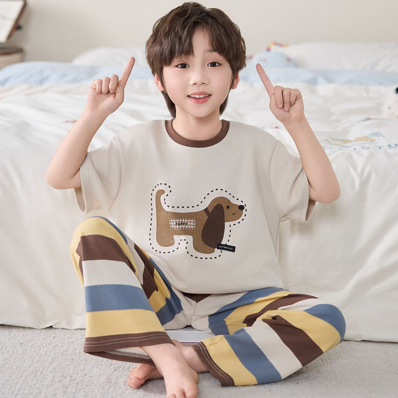 British Dhwa2026 New Boys' Pajamas Summer Pure Cotton Short-Sleeved Long Pants Kidsren and Teenagers Boys Home Clothes British Dhwa2026 New Boys' Pajamas Summer Pure Cotton Short-Sleeved Long Pants Kidsren and Teenagers Boys Home Clothes