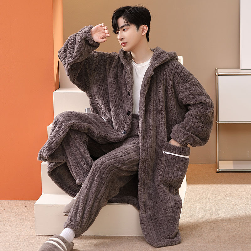 Men's Nightgown for Autumn and Winter, Thickened Coral Fleece, Plus Size, 150kg Winter Pajamas, Long Robe, Bathrobe