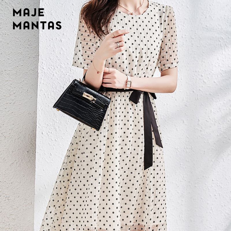 Maje mantas French retro dress white polka dot pullover short sleeve round neck lady casual dress