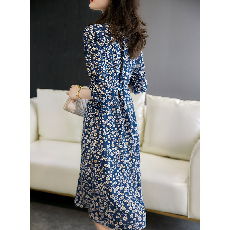 MAJE MANTAS mulberry silk floral tea break dress women's French blue silk dress 2022 new