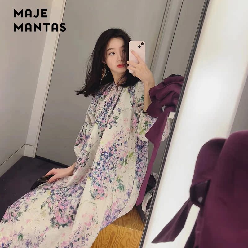 Maje mantas series French light luxury puff sleeve printing casual dress diving pink 2022 summer new