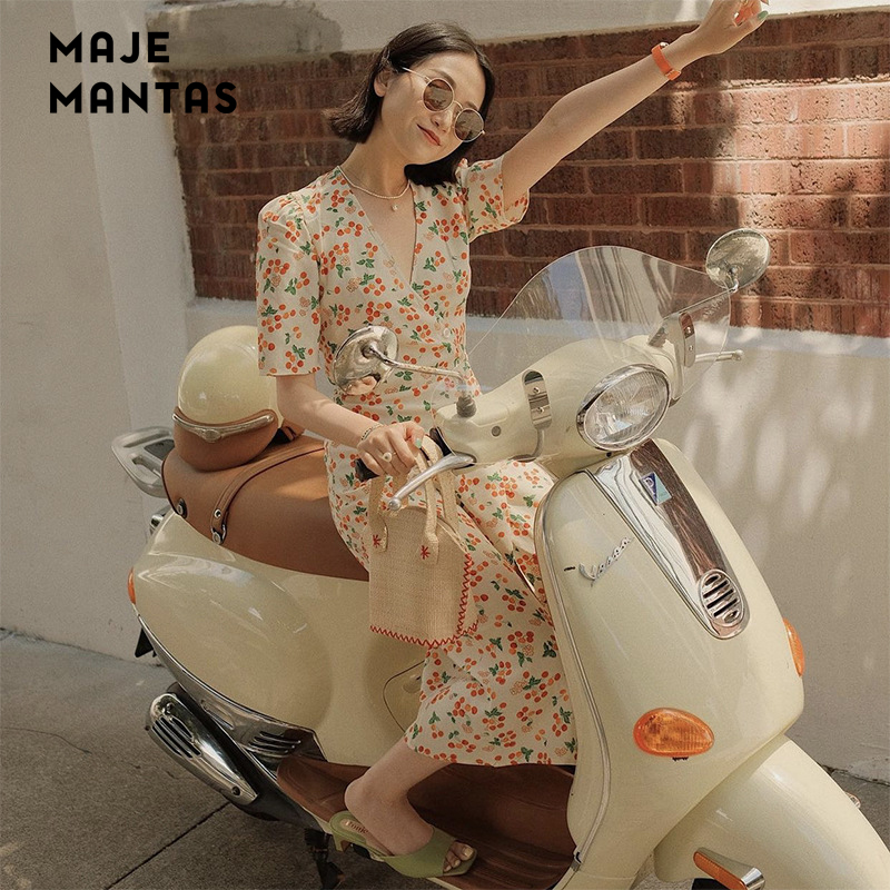 Maje mantas series French coffee break dress cherry print short-sleeved V-neck wrap-around long dress women