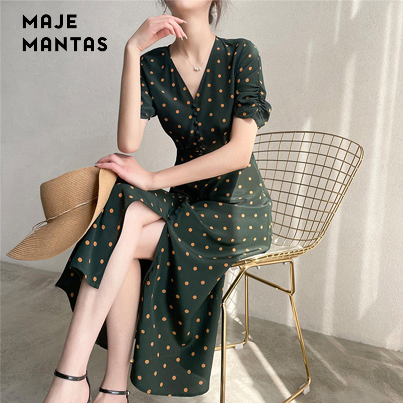 Maje mantas French literary tea break dress green polka dot high-end light luxury niche design dots