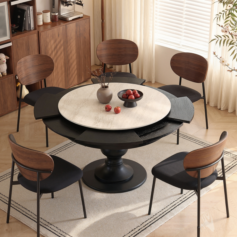 Fletcher Rock Slab Rotating and Extendable Dining Table, Round French Retro Style, Foldable and Transformable, 10-Person Dining Table with Turntable Fletcher Rock Slab Rotating and Extendable Dining Table, Round French Retro Style, Foldable and Transformable, 10-Person Dining Table with Turntable