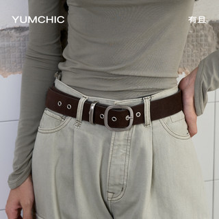 There is a frosted square buckle belt with a retro pattern buckle belt