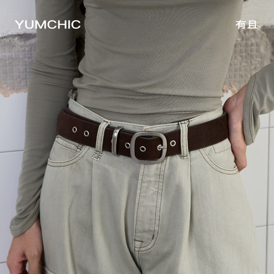 Retro frosted silver square buckle frosted belt versatile genuine leather belt for women casual denim skirt decoration