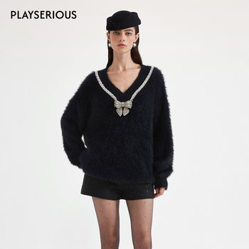 Kingwen 2025 autumn new black bow diamond chain sweater women's fashionable design v-neck top