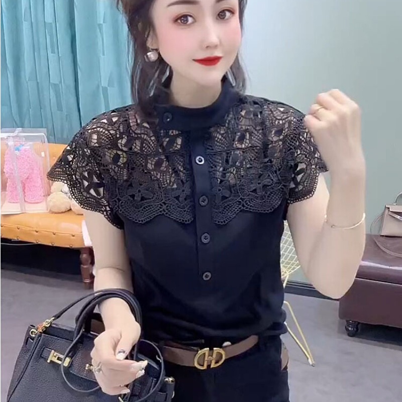 European Style 2026 New Design Mesh Hollow-Out Patchwork Short-Sleeve Lace Shirt for Women, Fashionable and Stylish Base Top European Style 2026 New Design Mesh Hollow-Out Patchwork Short-Sleeve Lace Shirt for Women, Fashionable and Stylish Base Top