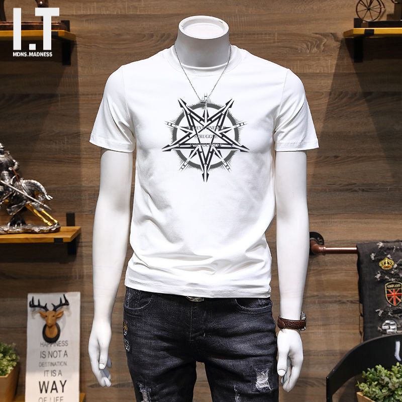 香港発のトレンディなブランド、夏新作ヨーロピアンスタイルメンズ半袖Tシャツ、純綿、スリムフィット、ラウンドネック、プリントトップス