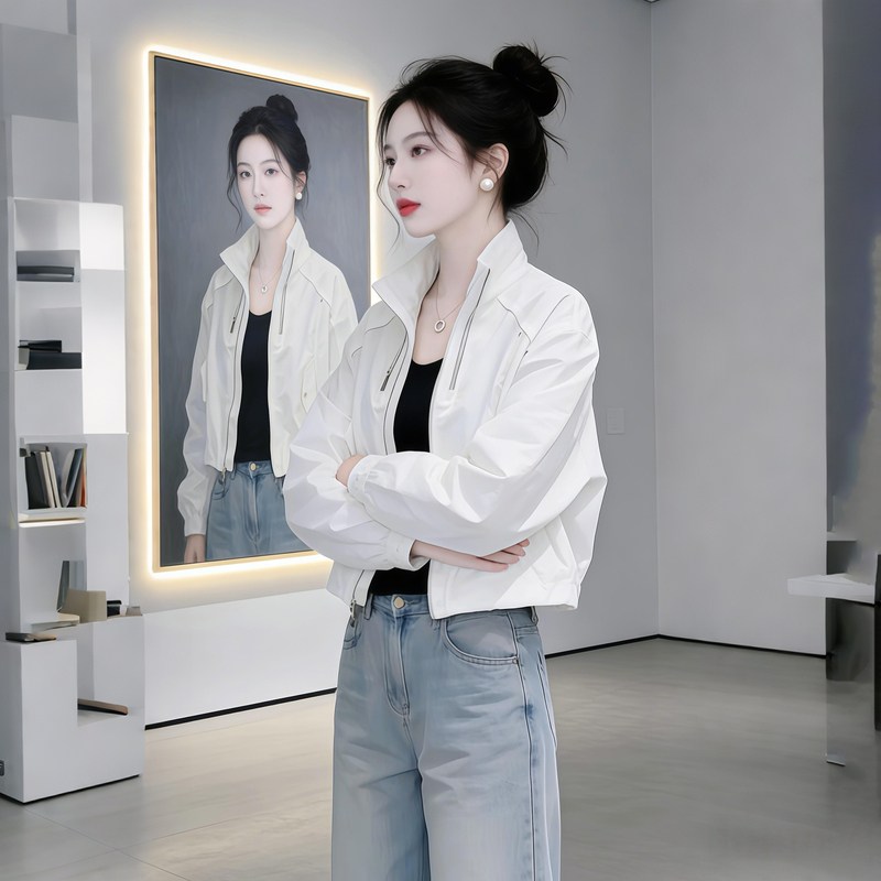 2026 Spring Hot-Selling Stand Collar Short Jacket Women's Fashionable Casual Loose Slimming Zipper Jacket Top Outfit