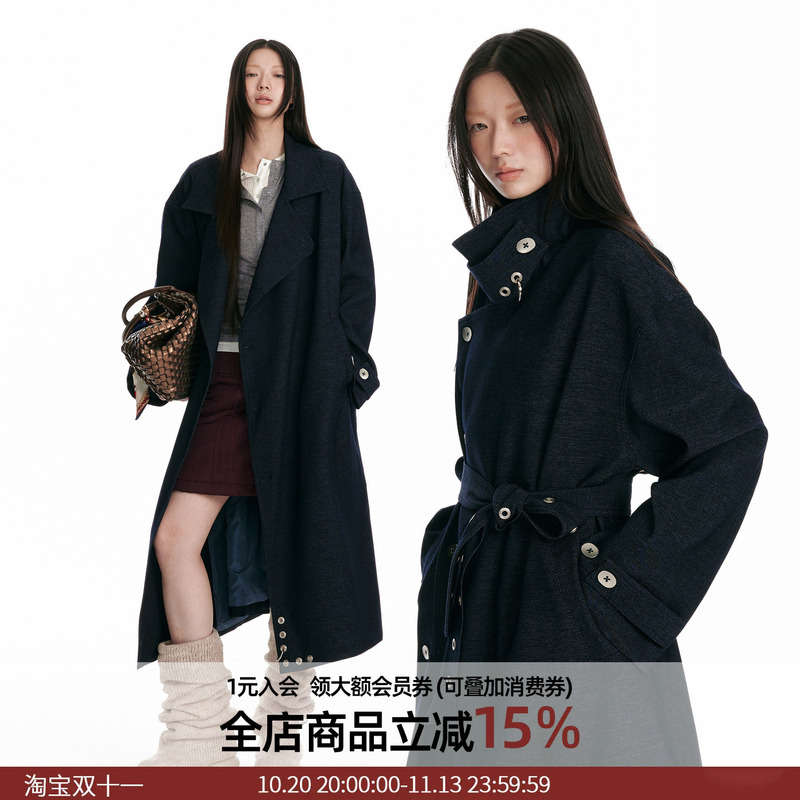 Jikoo【Captain of the Warship】Original Korean-Style Lapel Double-Breasted Trench Coat for Women, Mid-Length Over-The-Knee Stand Collar Coat