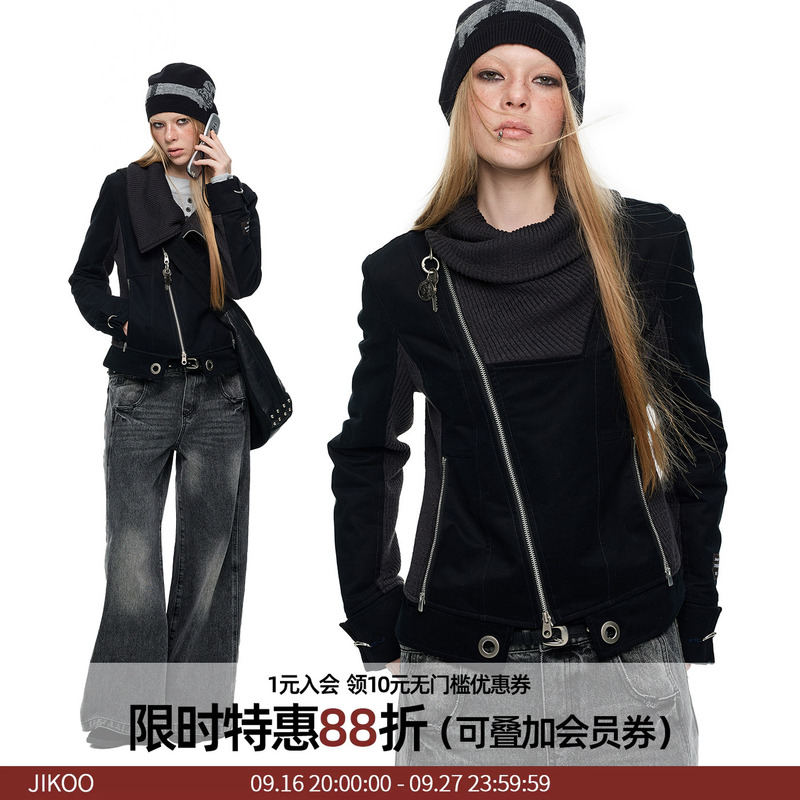 Jikoo【Tide of Change】Vintage Patchwork Pile Collar Asymmetrical Waist-Cinching Short Jacket Autumn Outerwear Top Jikoo【Tide of Change】Vintage Patchwork Pile Collar Asymmetrical Waist-Cinching Short Jacket Autumn Outerwear Top