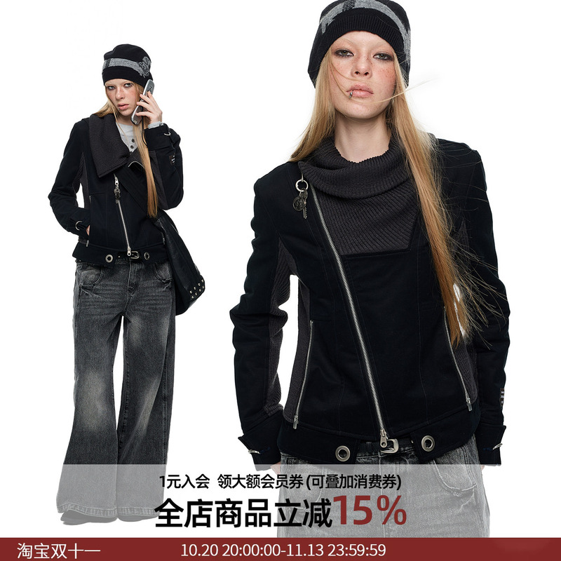 Jikoo【Tide of Change】Vintage Patchwork Pile Collar Asymmetrical Waist-Cinching Short Jacket Autumn Outerwear Top