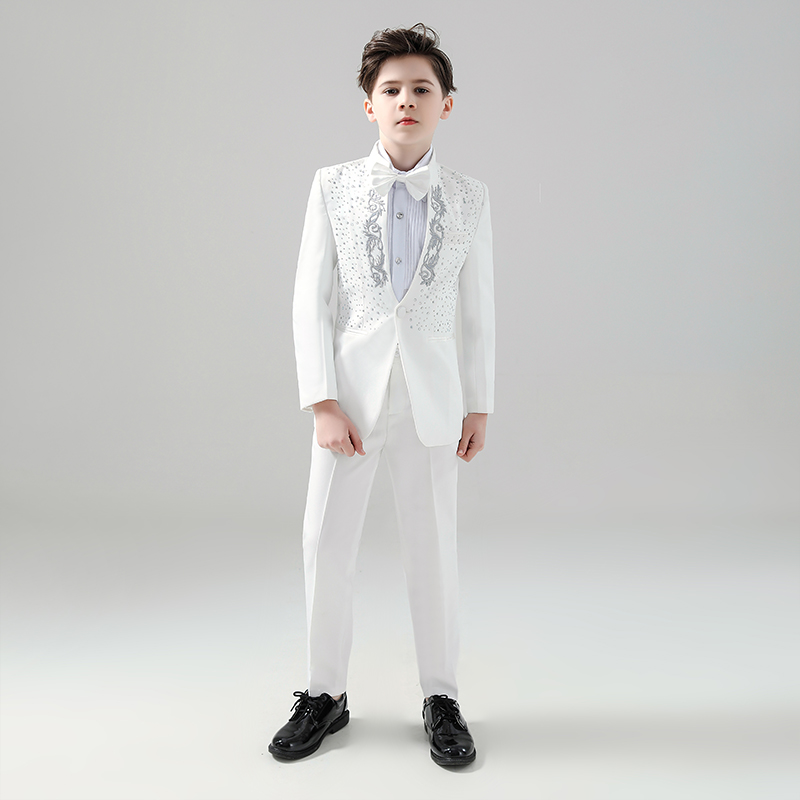 Children's chorus costume British style white flower girl three-piece host piano catwalk boy suit suit