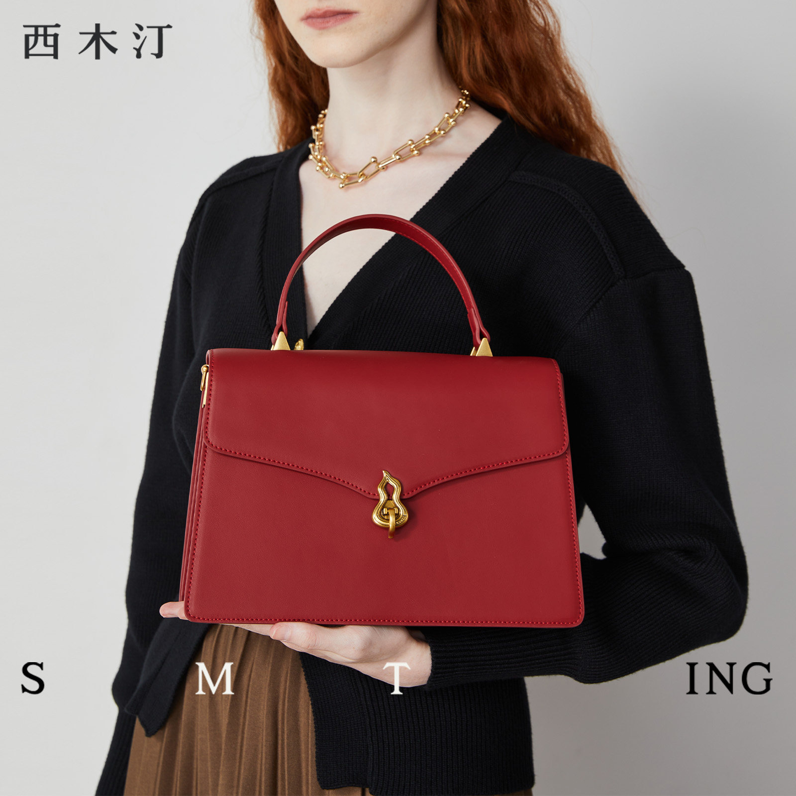 牛皮手提包女小众宽肩带新娘婚包单肩斜挎包