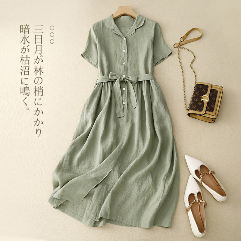 Outlet Clearance Sale: French Retro Linen Shirt Dress for Women, Waist-Cinching, Tie-Up, Long Skirt with a Large Hem