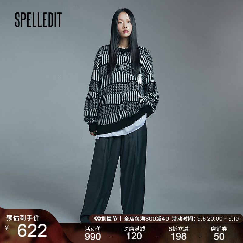 SPELLEDIT spring and autumn irregular pattern sweater mohair wool round neck striped sweater women