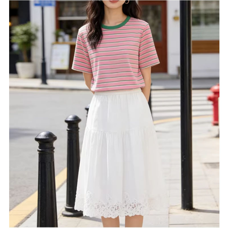 Yajia Women's Clothing 2026 Spring/Summer New Short Sleeve Dopamine Color-Block Striped Cotton Fleece Crew Neck T-Shirt 5340B