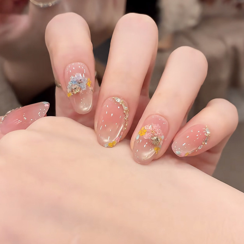 【Golden Thread Flower Notes】French-Style Dried Flower Glass Beads Cat's Eye Handmade Nail Art Wearable Nails Short Style 2026 New Model