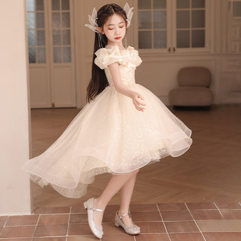 Wedding Flower Girl Dress, Stylish Champagne Color Children's Birthday Princess Dress, Piano Performance Dress, Host Girl's Dress