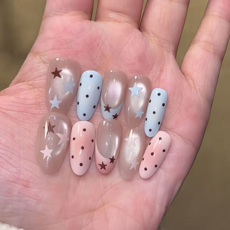 Dopamine 2026 New Style Bright Pink and Blue Color-Blocking Star Polka Dot Nail Stickers, Bright Cat-Eye Design for Students
