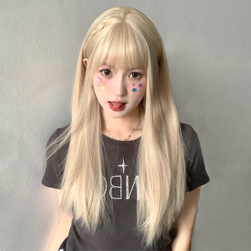 Wig woman long hair Lisa the same kind of sweet and cute light white gold natural realistic long straight hair wig JK all headgear-Taobao