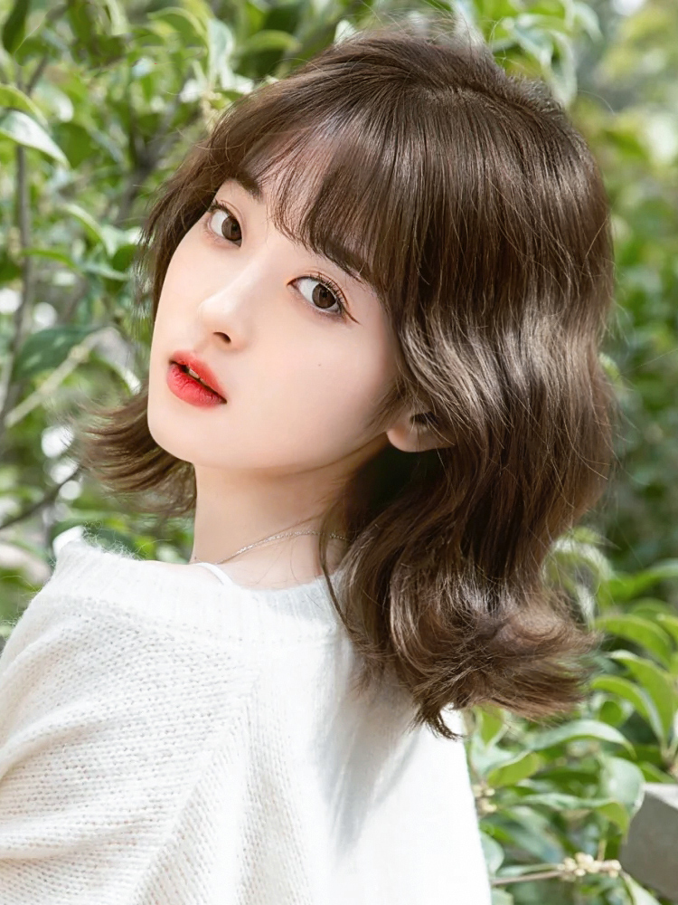 Wig short hair female natural full headgear net red round face lolita short curly hair wool roll simulation summer wig set